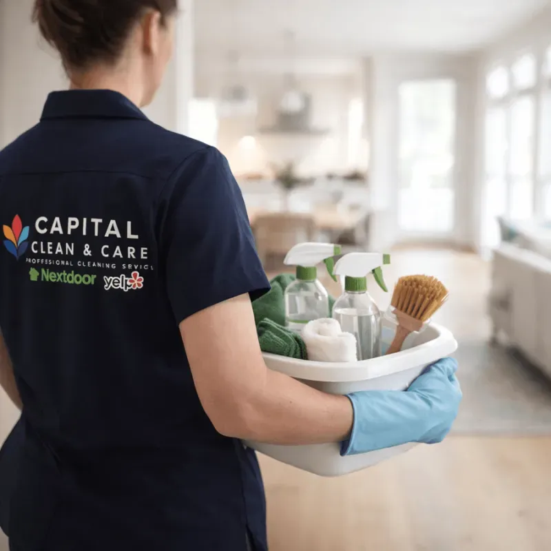 Capital Clean Care team with eco-friendly cleaning supplies basket