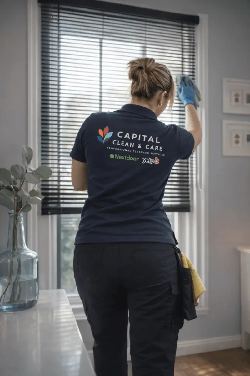 Cleaner dusting window blinds from top to bottom